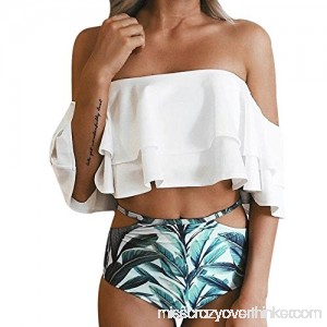 Hosamtel Women Two Piece Off Shoulder Bikini Set Ruffled Flounce Crop Print Swimsuit Swimwear Beachwear Bathing Suit White B07L97KMVC